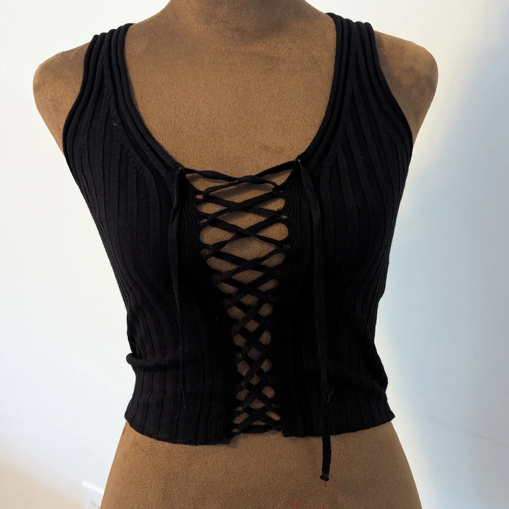 NWT Topshop Corset Tie Front Knit Singlet Tank in Black Viscose, Sz XS - Picture 3 of 8